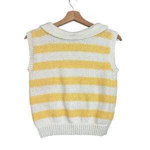 Vintage Sweater Vest Yellow White Stripe Foldover Collar Women's Sleeveless